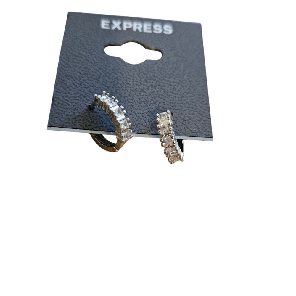 Express Silver Tone Crystal Baguette Huggie Hoop Earrings NWT